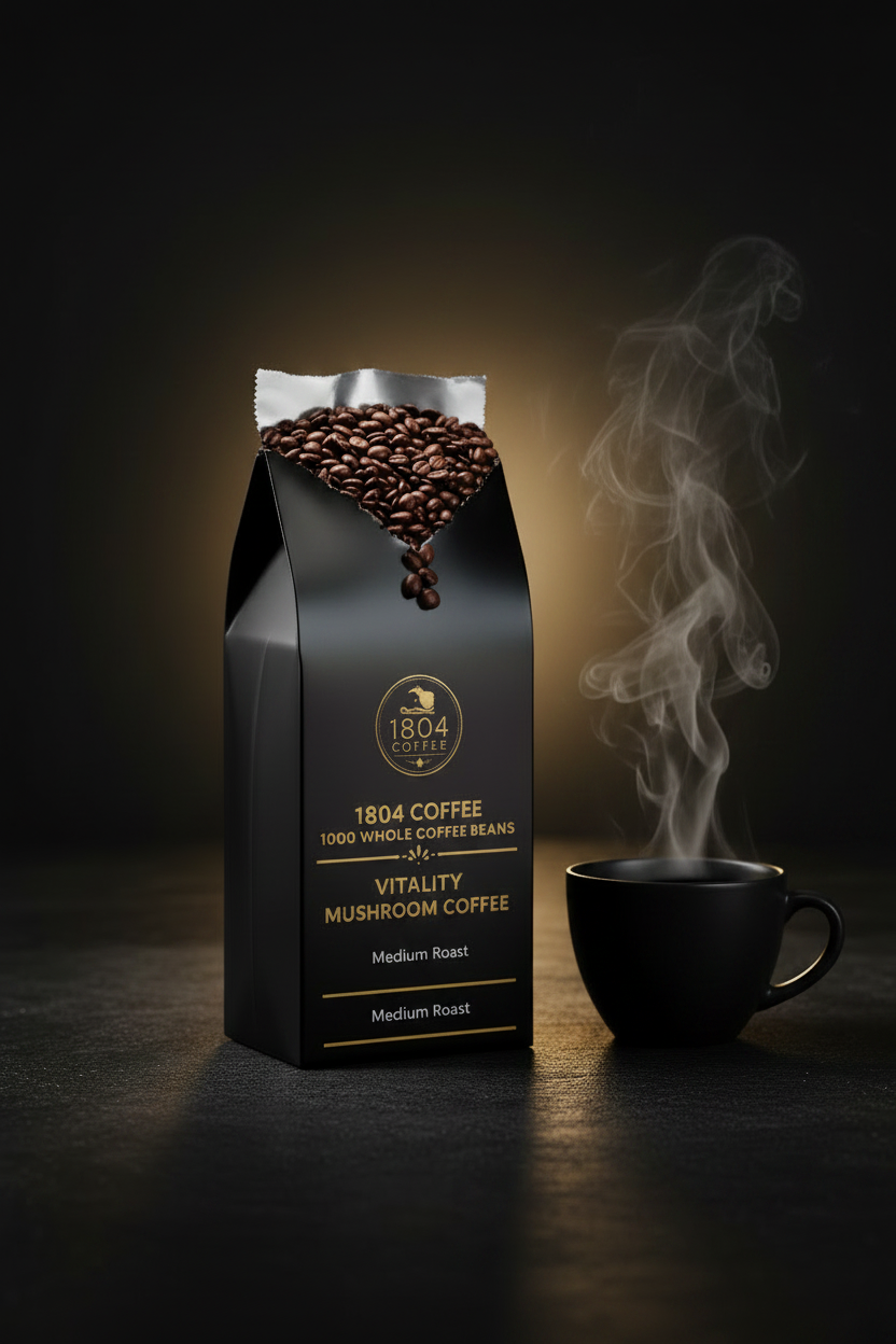 1804 Coffee Vitality Mushroom Coffee - Open bag with cup