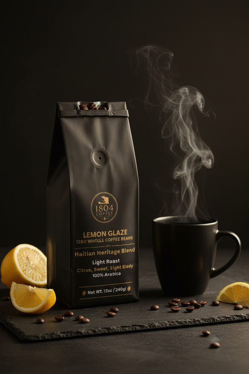 1804 Coffee Lemon Glaze - Open bag with cup