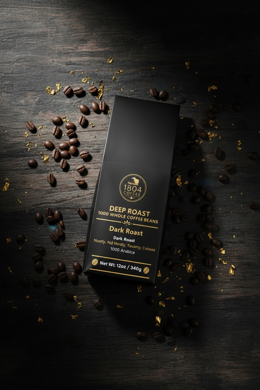 1804 Coffee Deep Roast - Flat lay with coffee beans