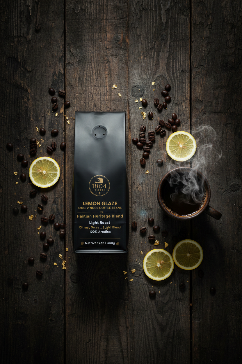 1804 Coffee Lemon Glaze - Flat lay with cup and beans