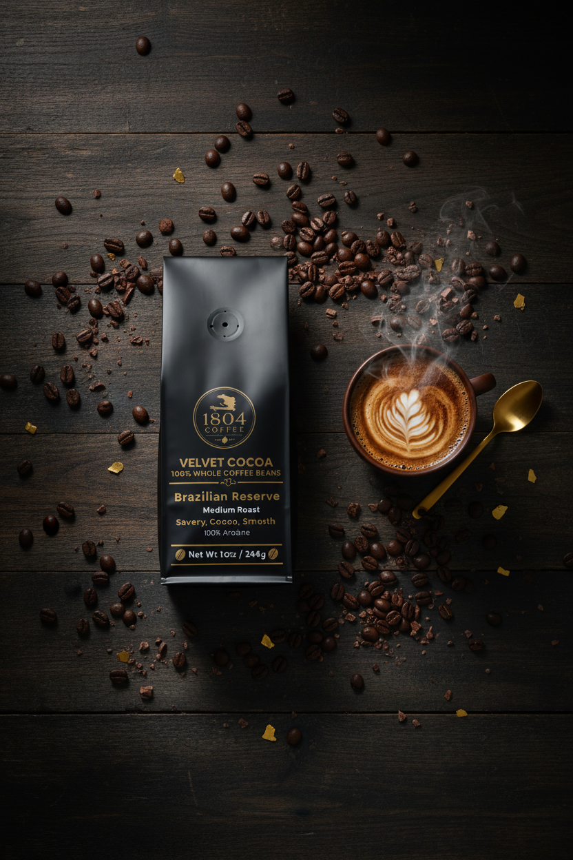 1804 Coffee Velvet Cocoa - Flat lay with cup and beans