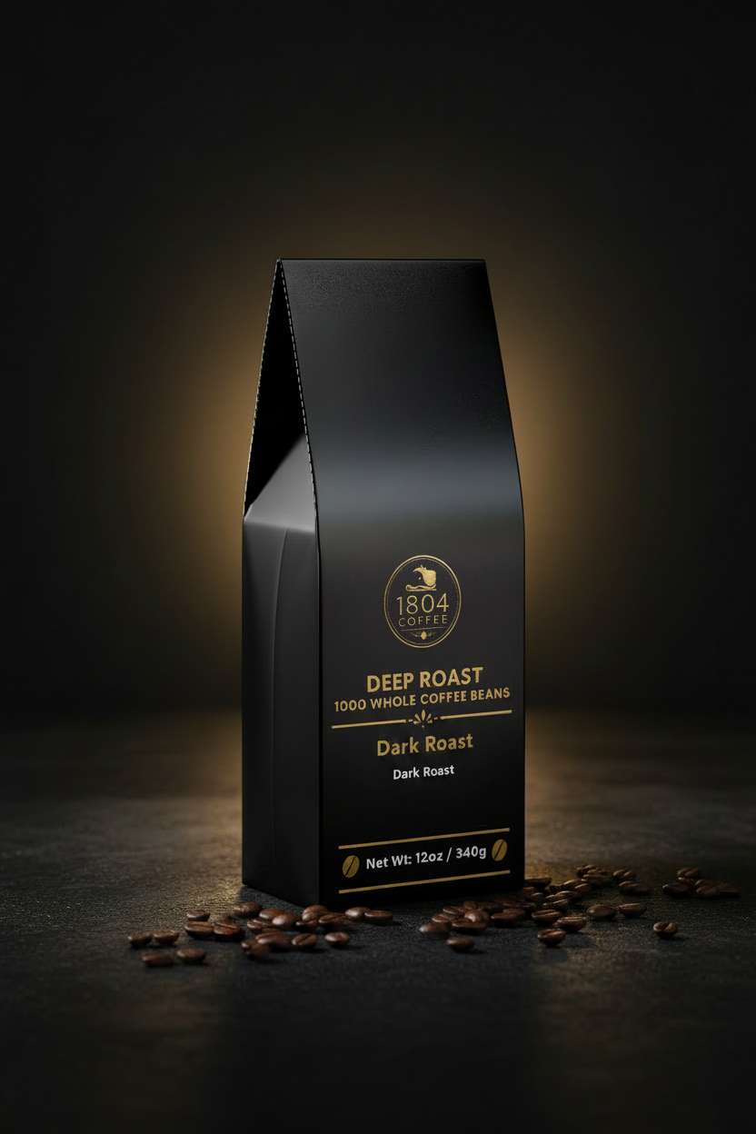 1804 Coffee Deep Roast - Side angle with coffee beans