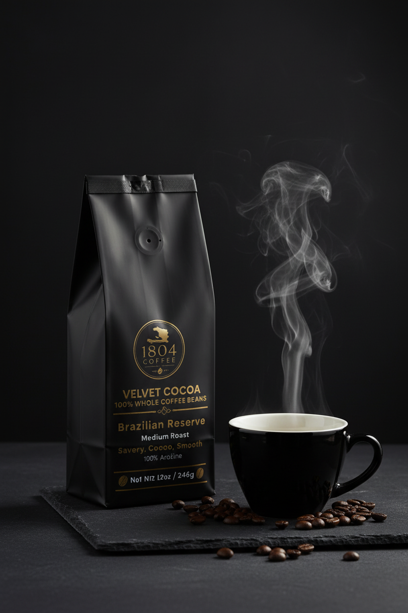 1804 Coffee Velvet Cocoa - Open bag with coffee cup