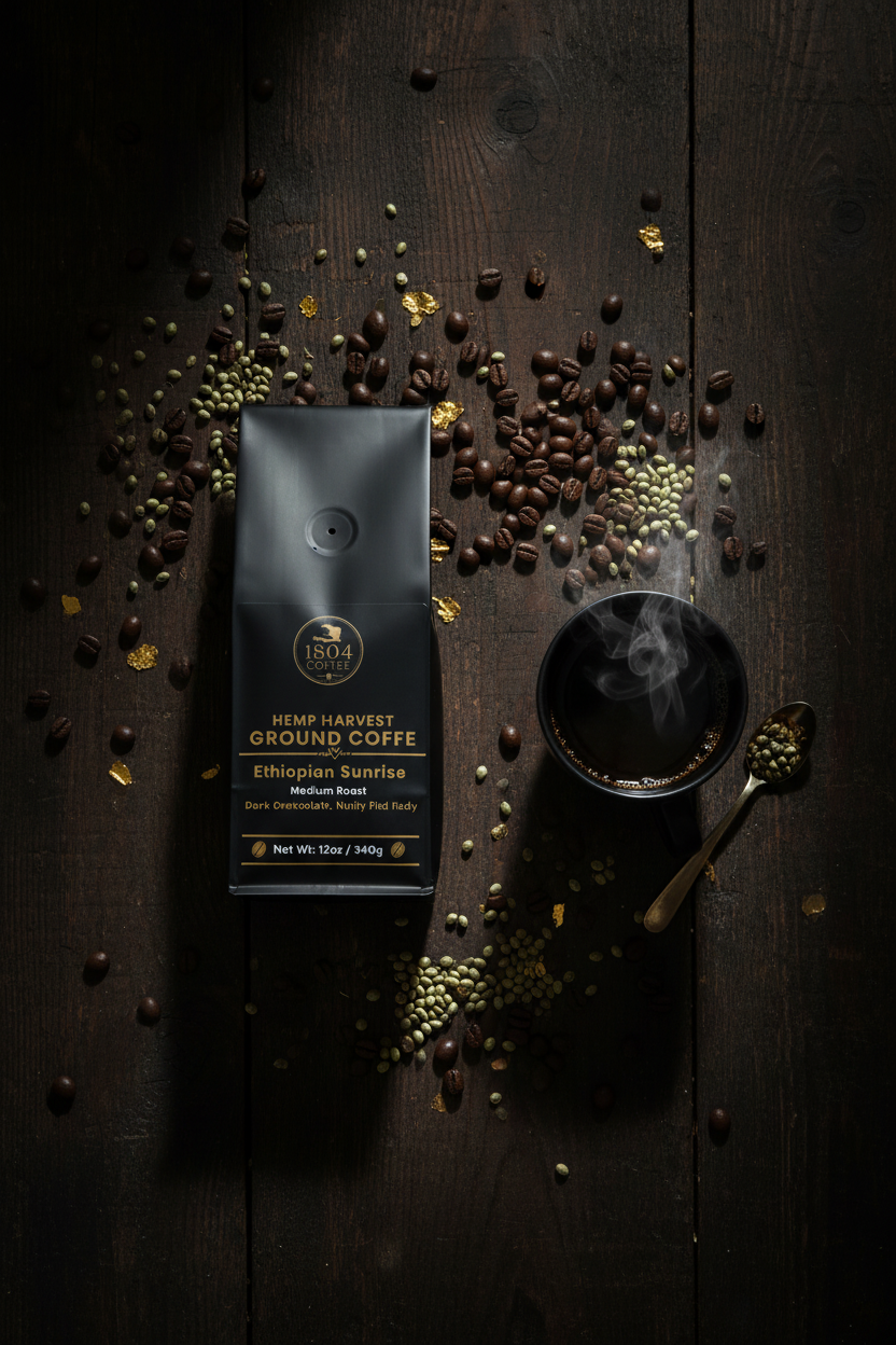 1804 Coffee Hemp Harvest - Flat lay with cup and beans