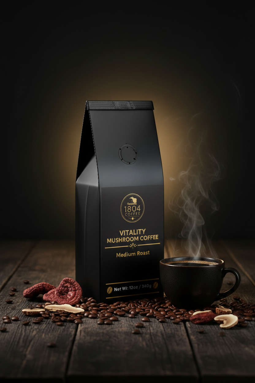 1804 Coffee Vitality Mushroom Coffee - Side angle open bag with cup