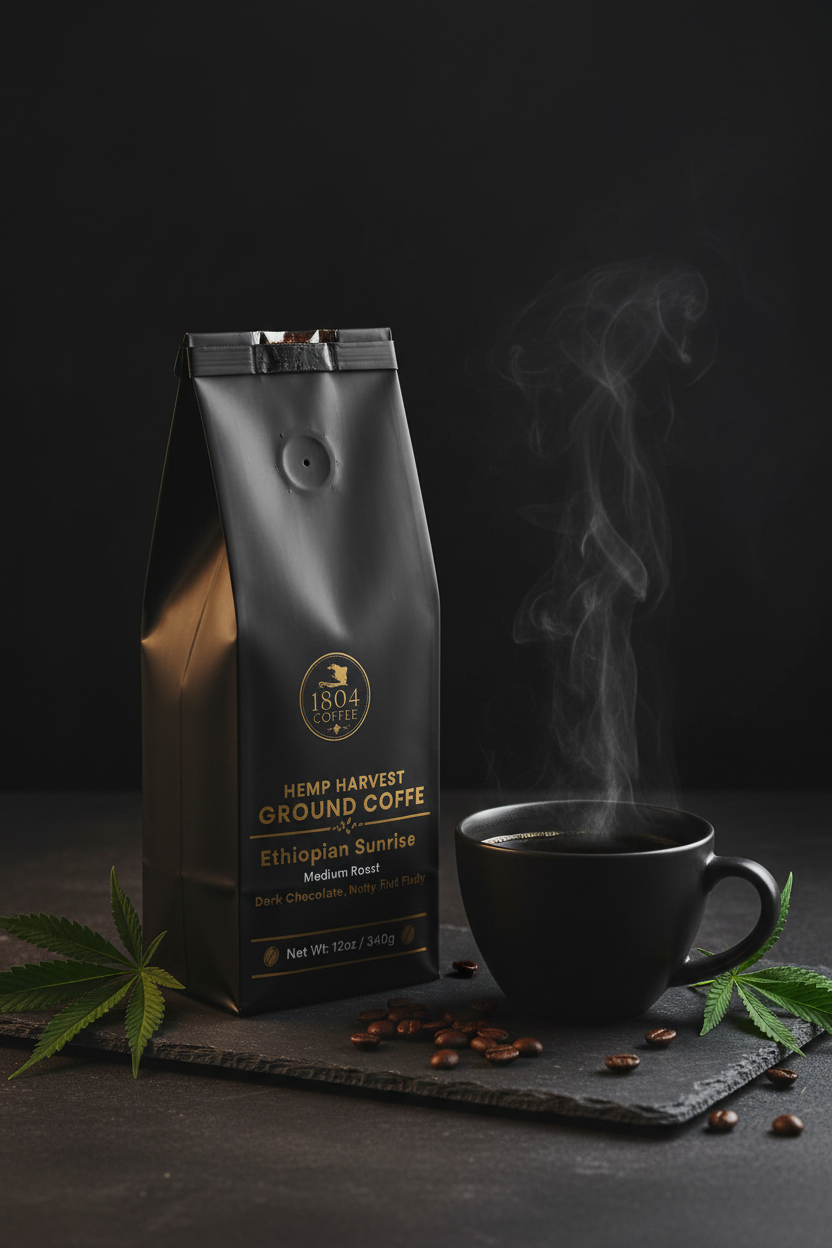 1804 Coffee Hemp Harvest - Open bag with cup