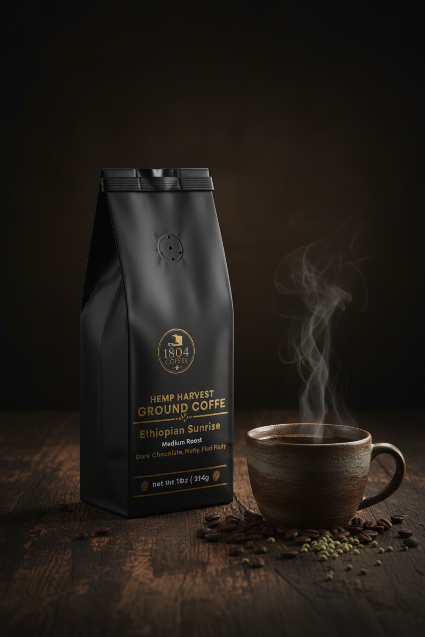 1804 Coffee Hemp Harvest - Side angle with cup
