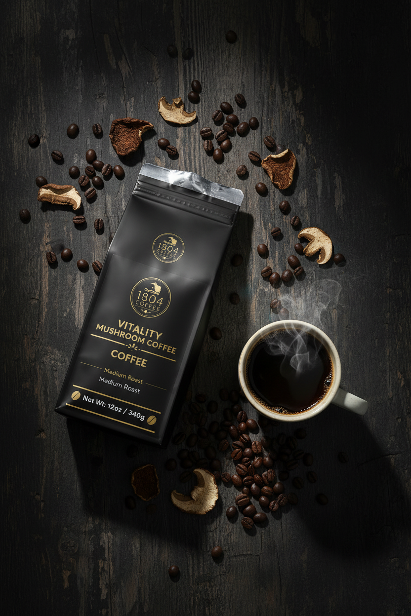 1804 Coffee Vitality Mushroom Coffee - Flat lay with cup and beans